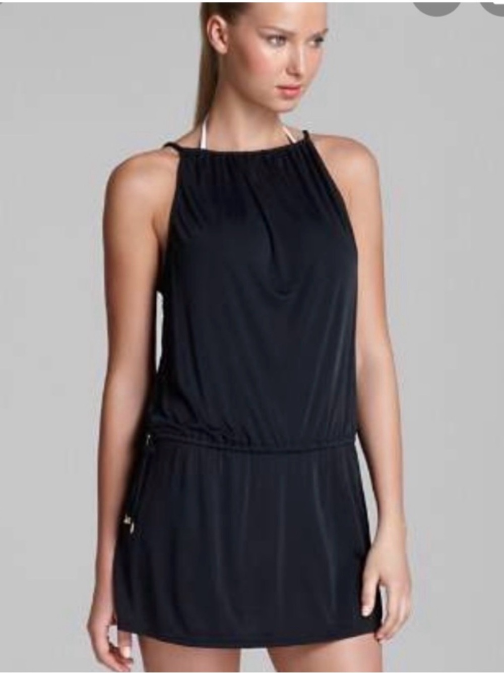 CIA.MARITIMA Black Spaghetti-Strap Swim Dress with Drawstring Waist B140